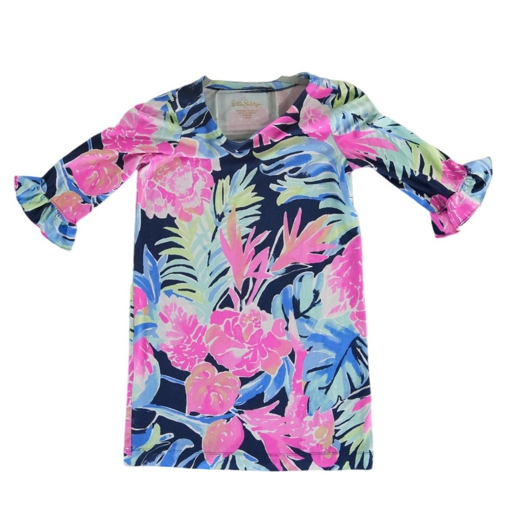 Lilly Pulitzer Girls Size Large 8-10‎ Navy Tropical Floral Ruffle Dress